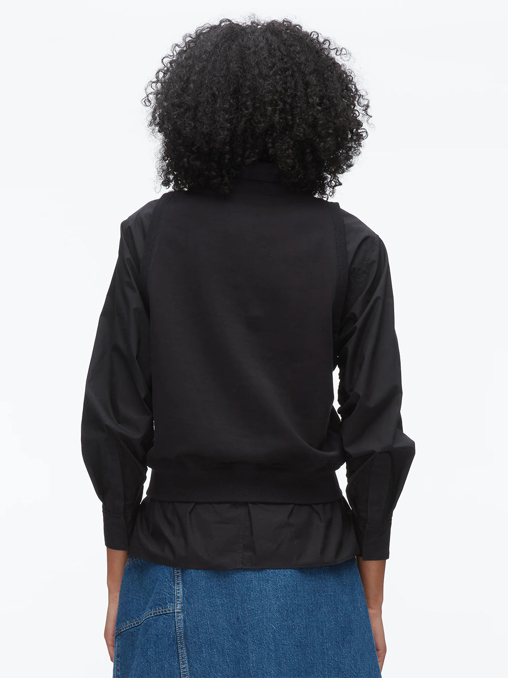 Layered Vest Ruched Sleeve Shirt Black-Black