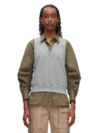 Layered Vest Ruched Sleeve Shirt Grey Melange