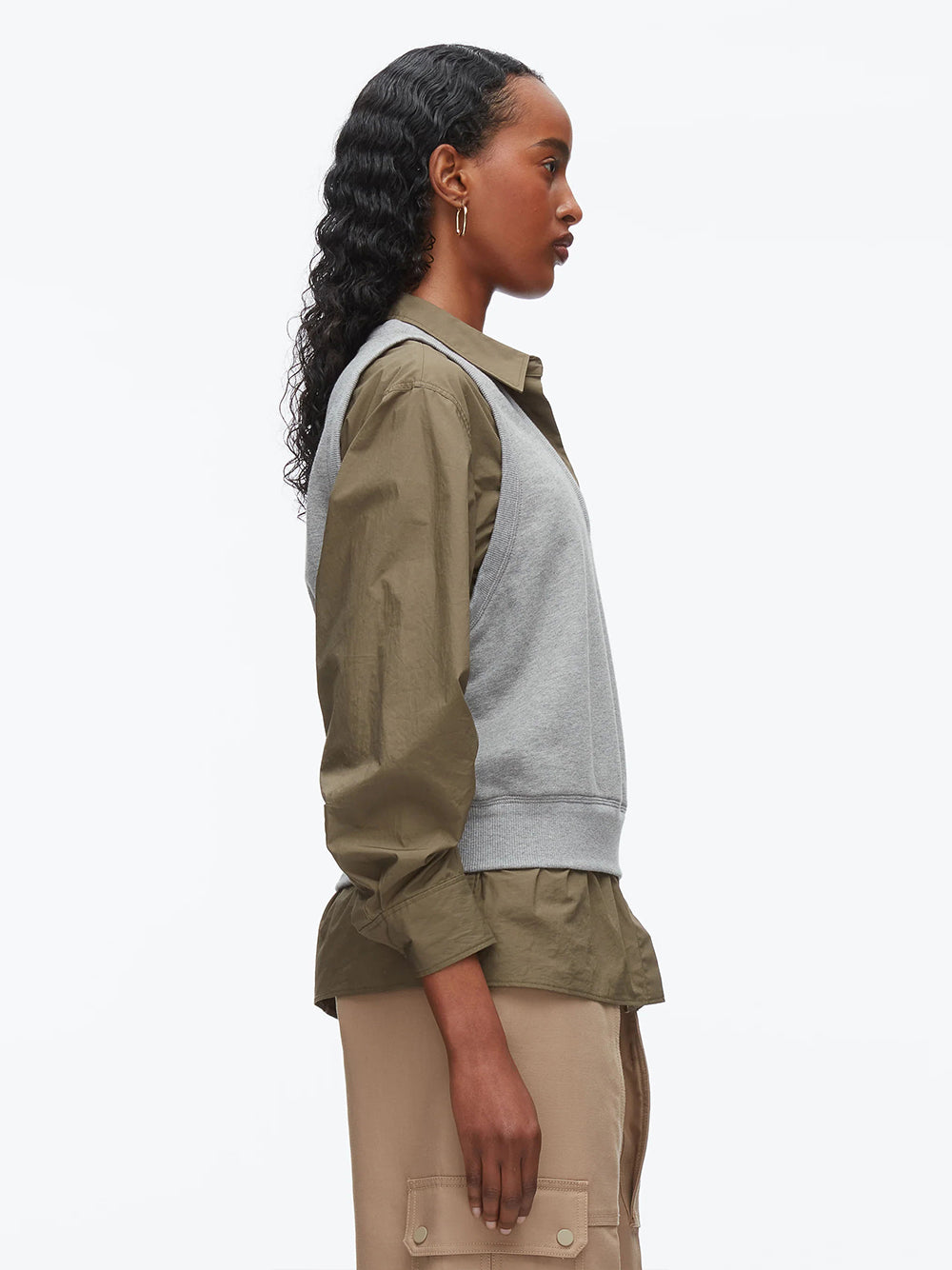 Layered Vest Ruched Sleeve Shirt Grey Melange