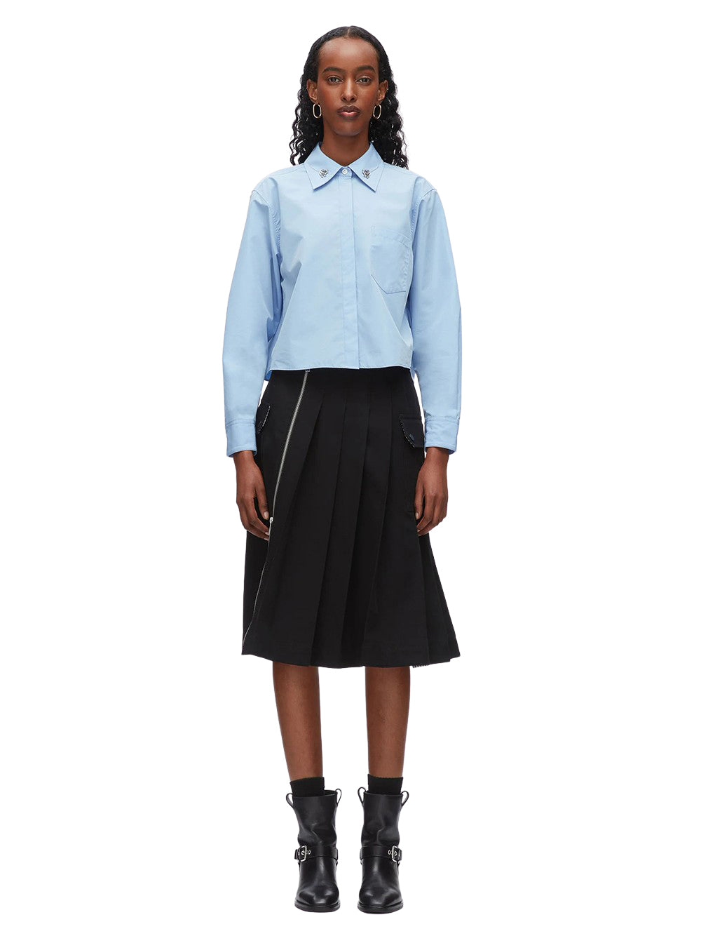 Cropped Shirt with Embroidered Collar Oxford Blue