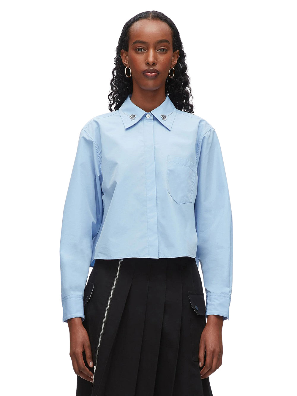 Cropped Shirt with Embroidered Collar Oxford Blue