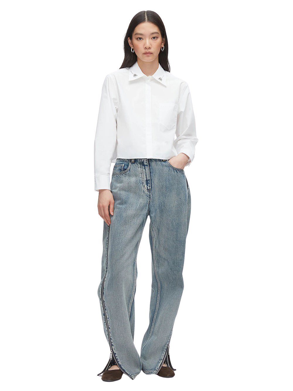 Cropped Shirt with Embroidered Collar White