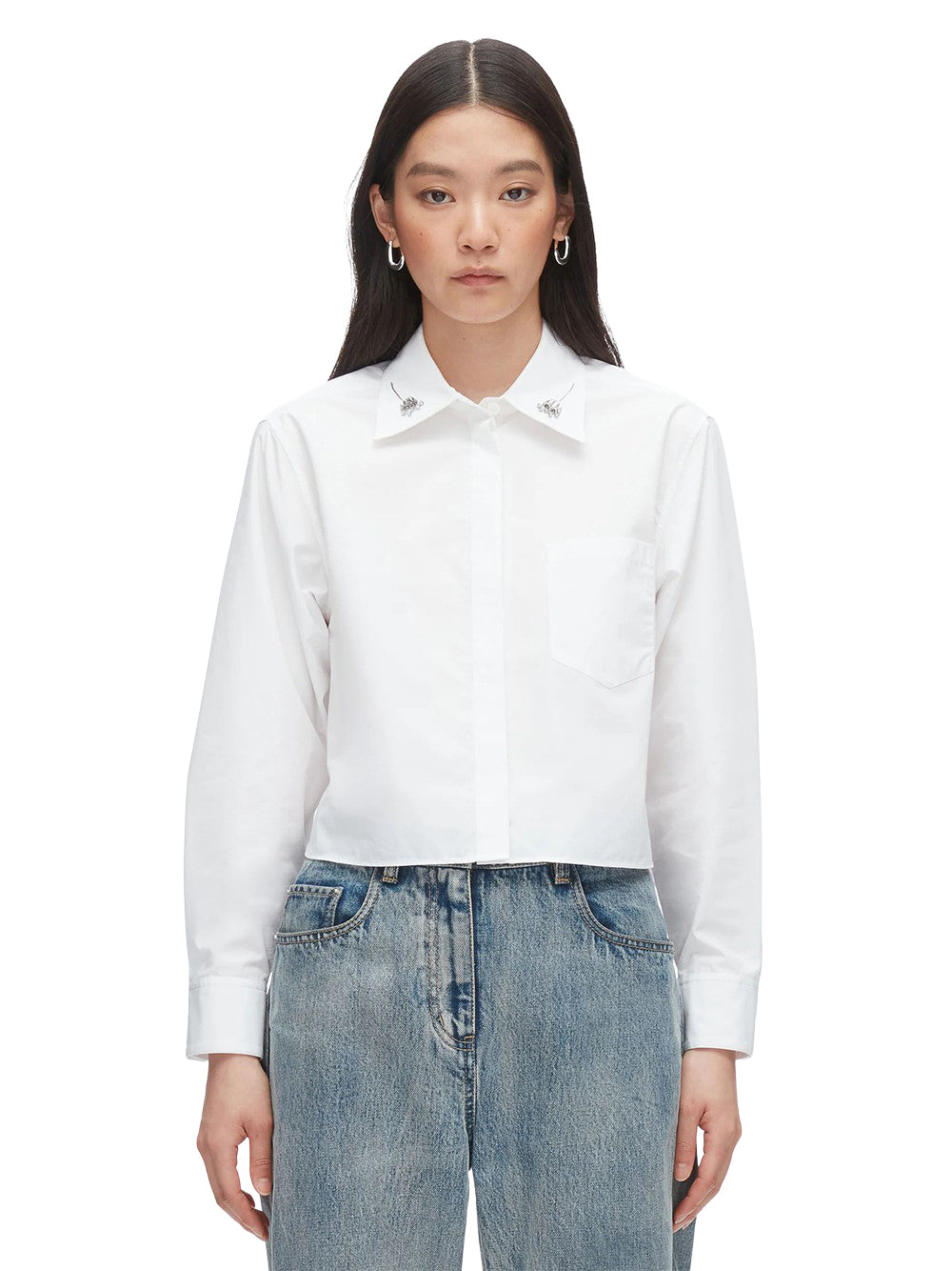 Cropped Shirt with Embroidered Collar White