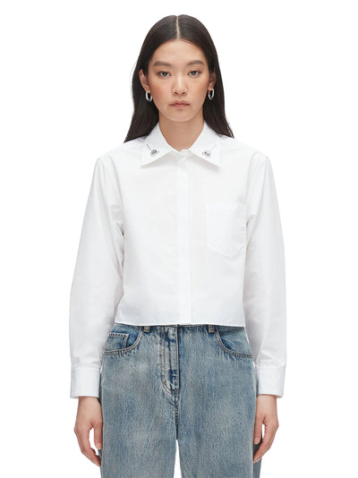 Cropped Shirt with Embroidered Collar White