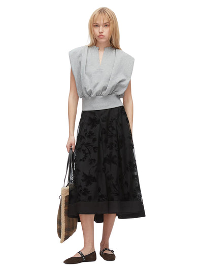 Flocked Organza Midi Skirt Black