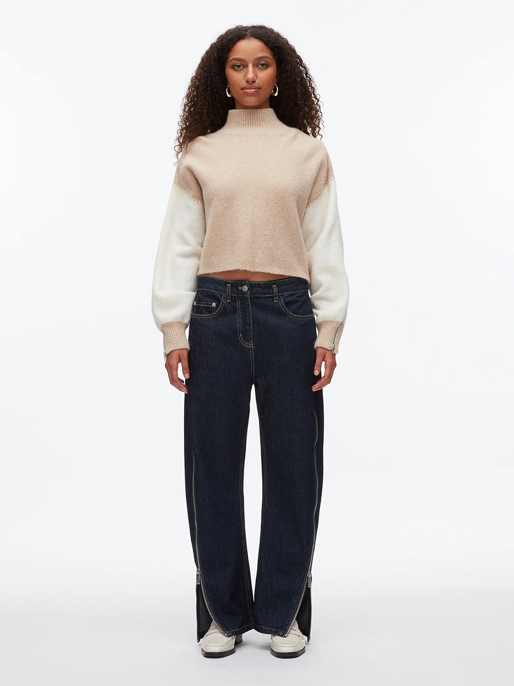 Colorblock Zip Sleeve Turtleneck Ivory-Beige