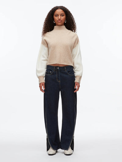 Colorblock Zip Sleeve Turtleneck Ivory-Beige