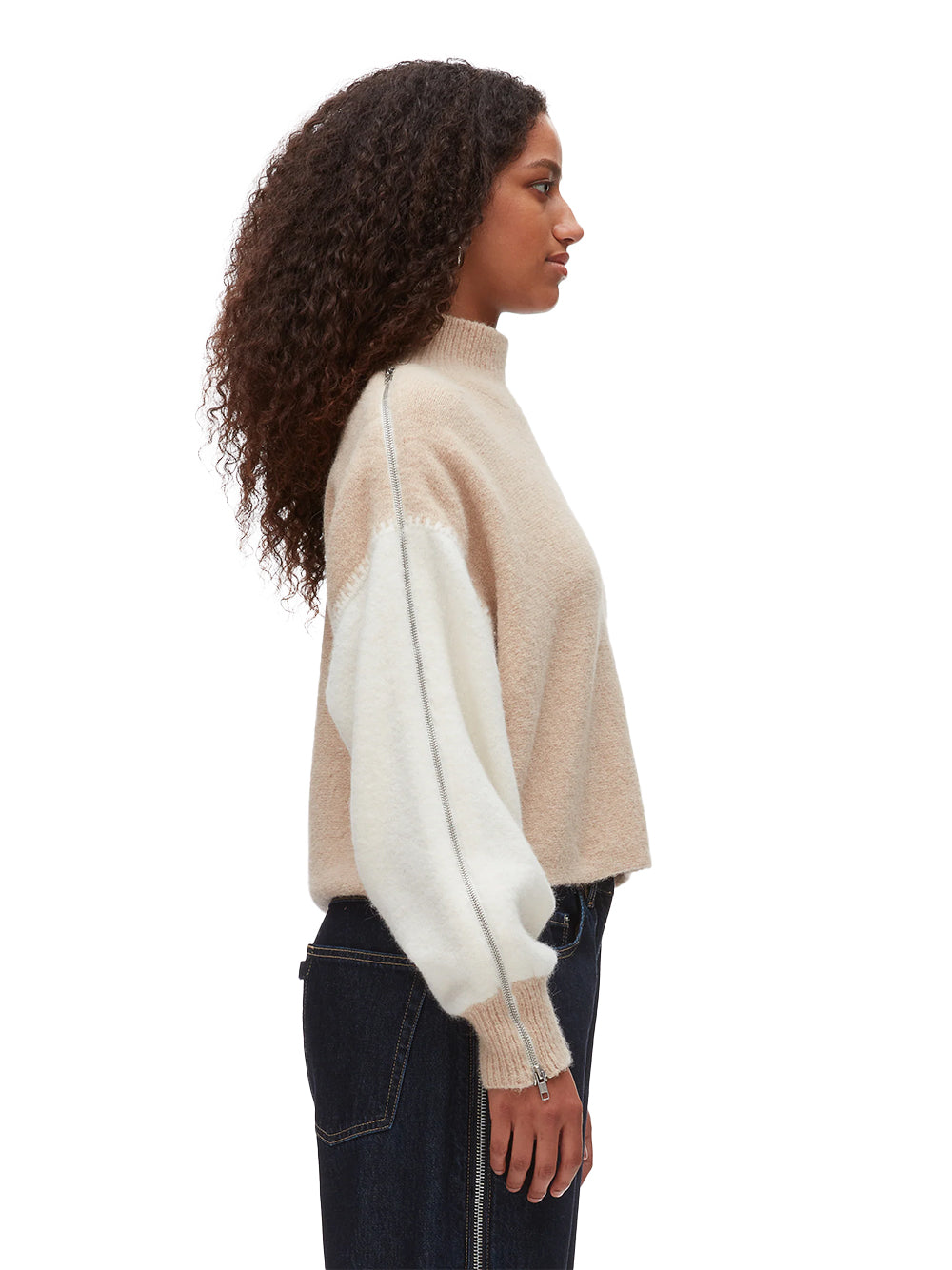 Colorblock Zip Sleeve Turtleneck Ivory-Beige