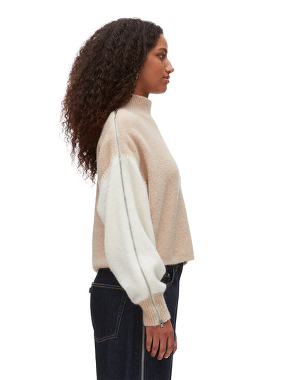 Colorblock Zip Sleeve Turtleneck Ivory-Beige