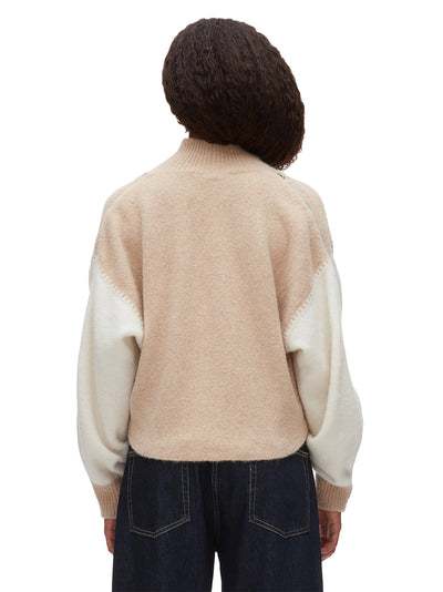Colorblock Zip Sleeve Turtleneck Ivory-Beige