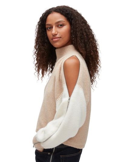 Colorblock Zip Sleeve Turtleneck Ivory-Beige