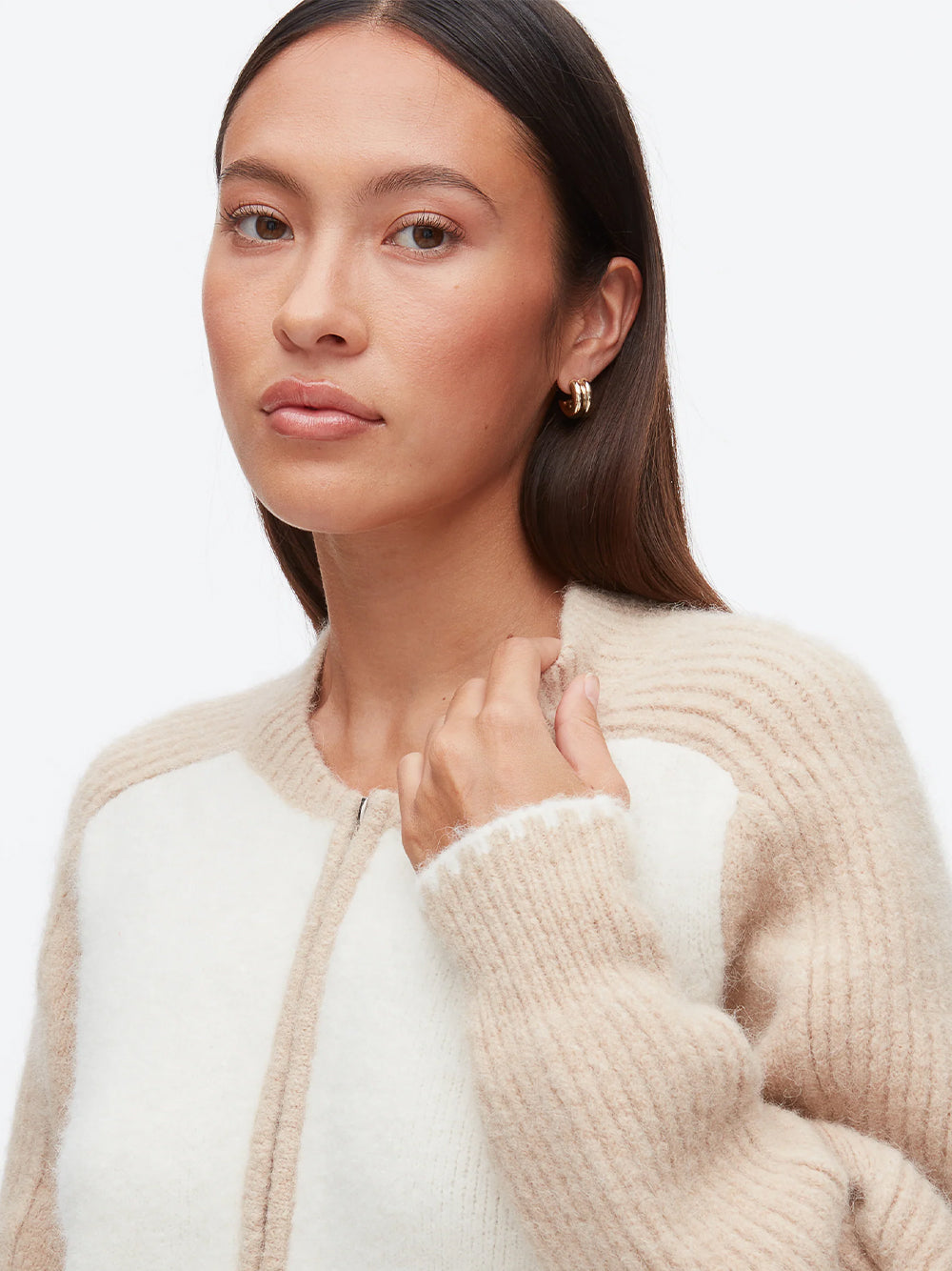 Colorblock Zip Cardigan Ivory-Beige