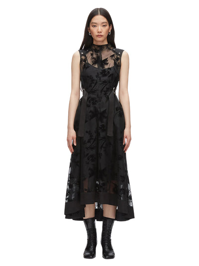 Flocked Organza Midi Dress Black