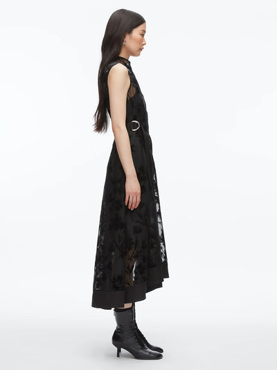 Flocked Organza Midi Dress Black