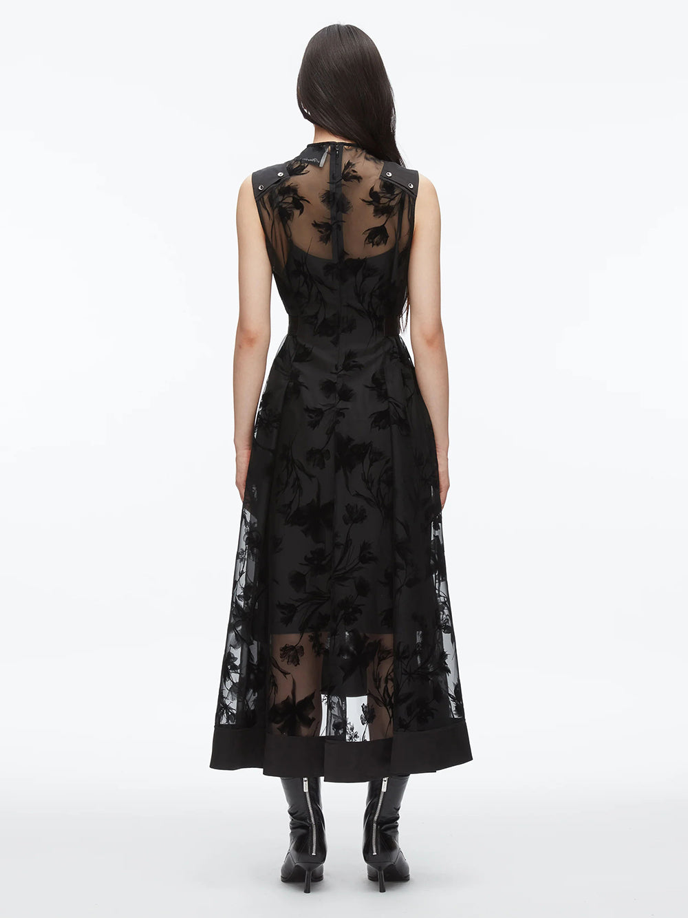 Flocked Organza Midi Dress Black