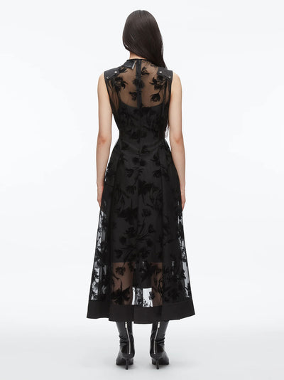 Flocked Organza Midi Dress Black