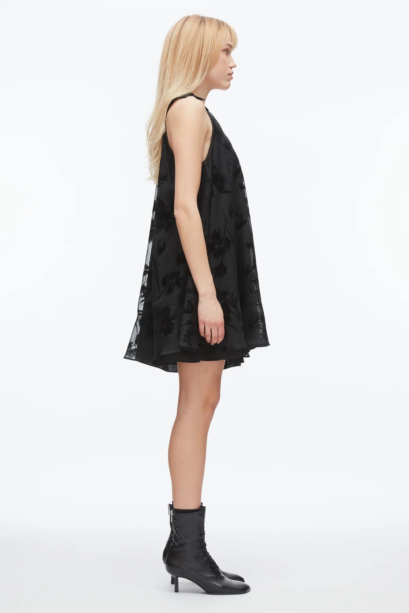 Flocked Organza Trapeze Dress Black