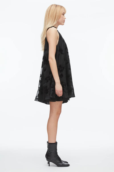 Flocked Organza Trapeze Dress Black