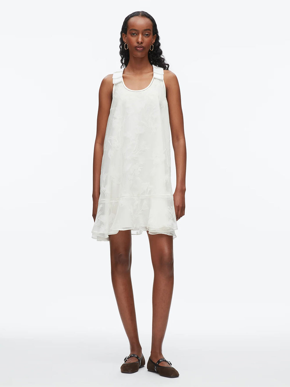 Flocked Organza Trapeze Dress White