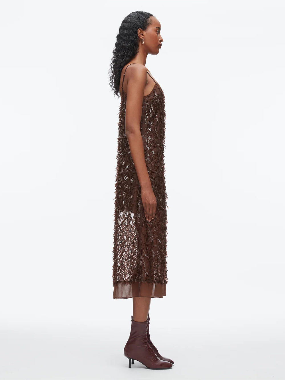 Fringe Sequins Slip Dress Chocolate