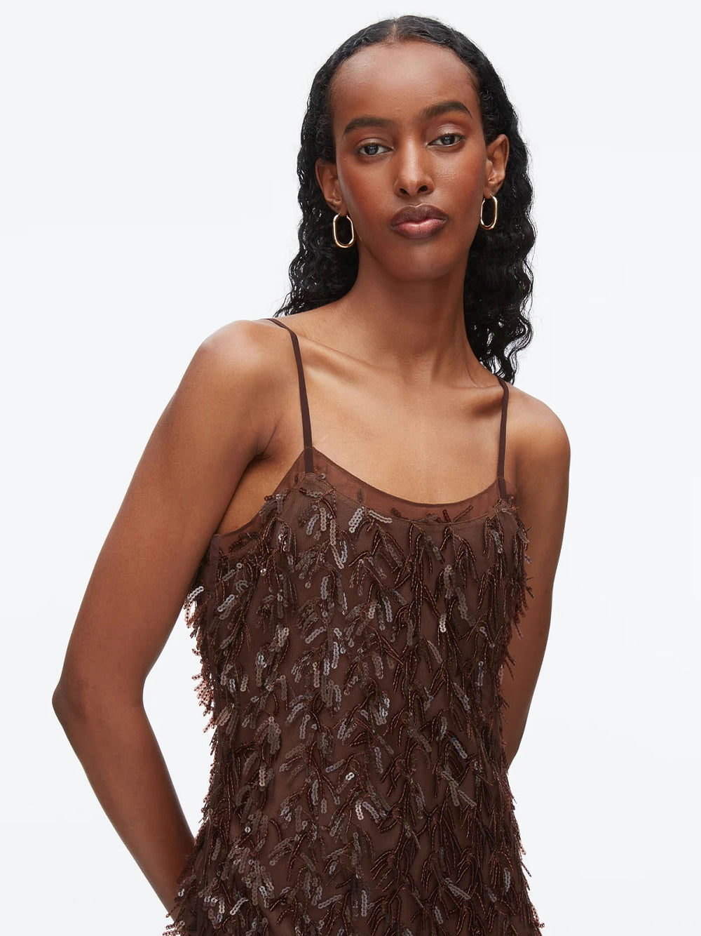 Fringe Sequins Slip Dress Chocolate