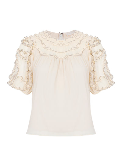 Isolda Silk Smocked Short Sleeve Blouse Chantilly