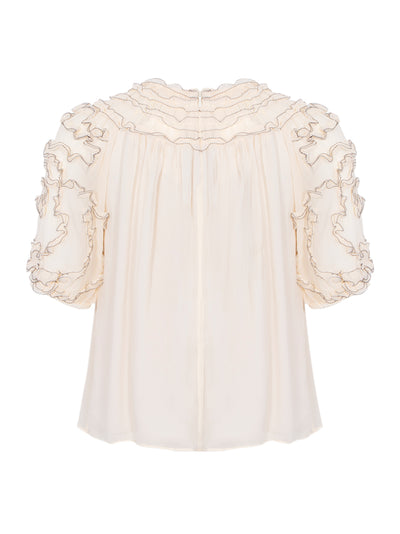 Isolda Silk Smocked Short Sleeve Blouse Chantilly