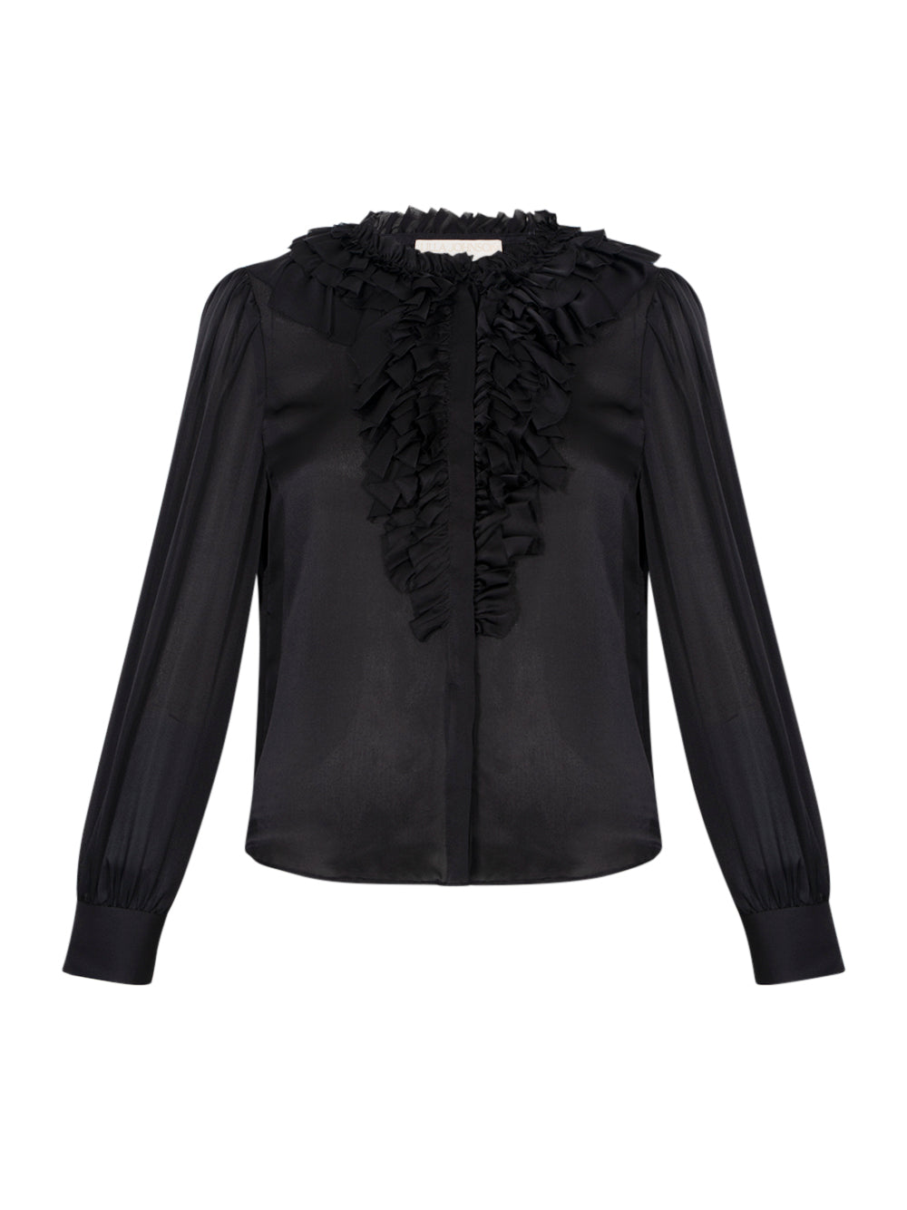 Rouen Silk Ruffle Front Long Sleeve Blouse Noir