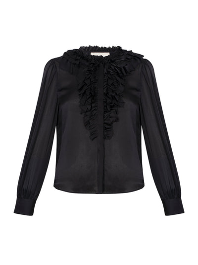 Rouen Silk Ruffle Front Long Sleeve Blouse Noir