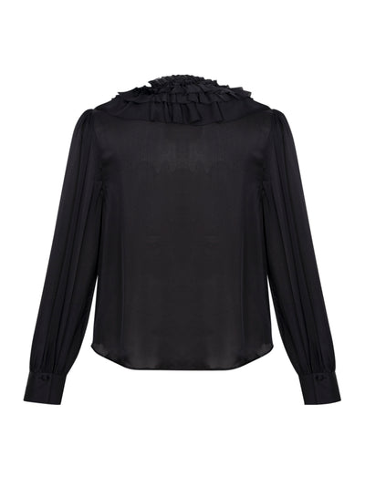 Rouen Silk Ruffle Front Long Sleeve Blouse Noir