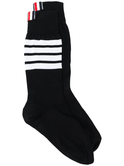 Mid Calf Socks W/ 4 Bar In Lightweight Cotton Black