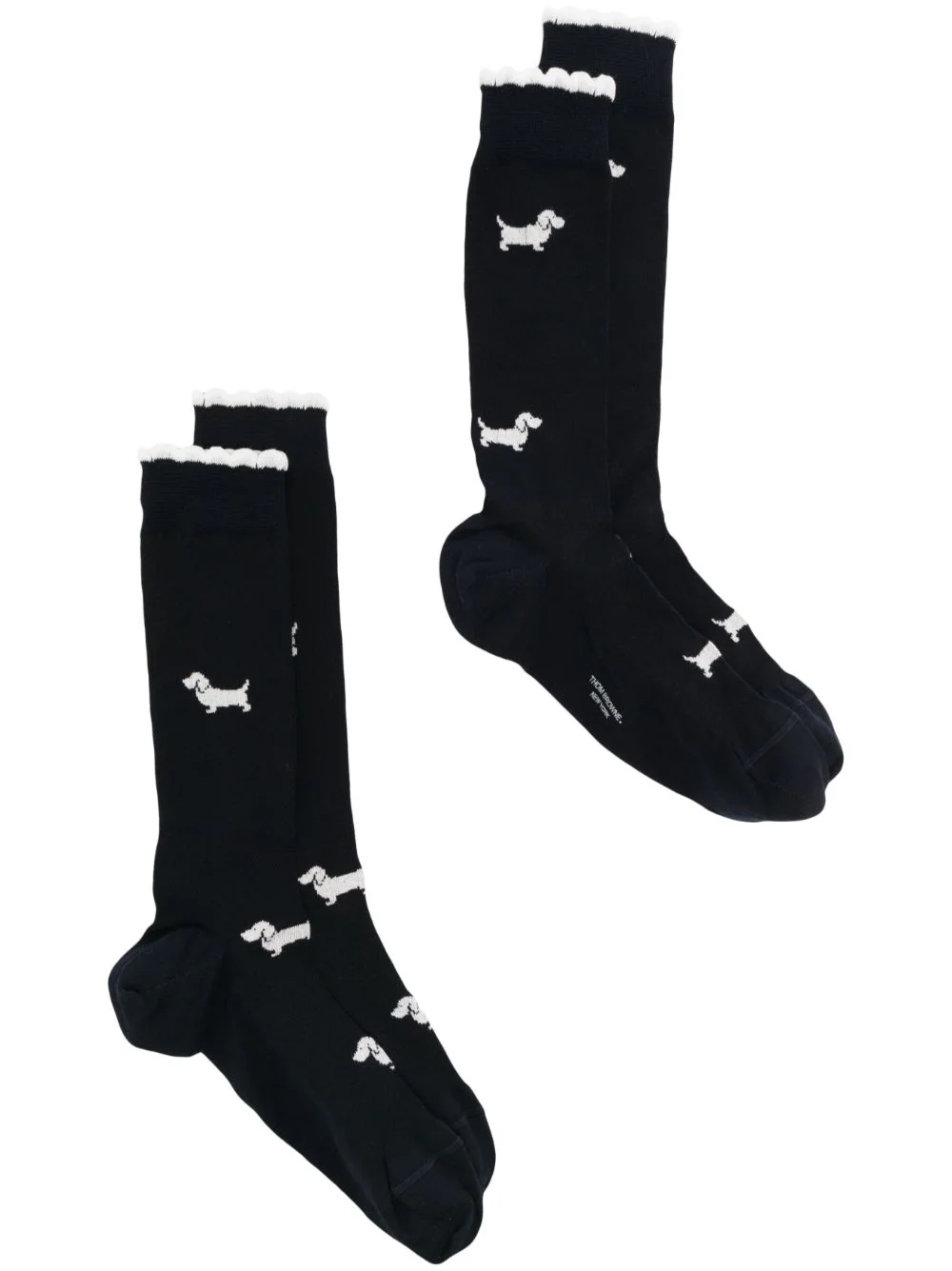 Mid Calf Length Hector Jersey Intarsia Pointelle Socks Cotton W/ Scalloped Edge Navy