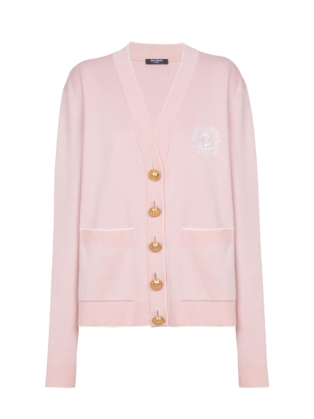 Balmain Emblem Loose Fit Knit Cardigan Oin Rose Pâle/ Blanc