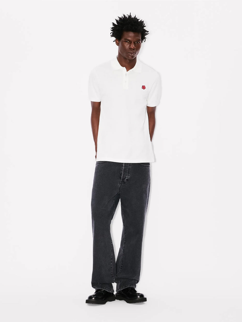 Gots Boke Flower Embroidered Slim Polo Off White