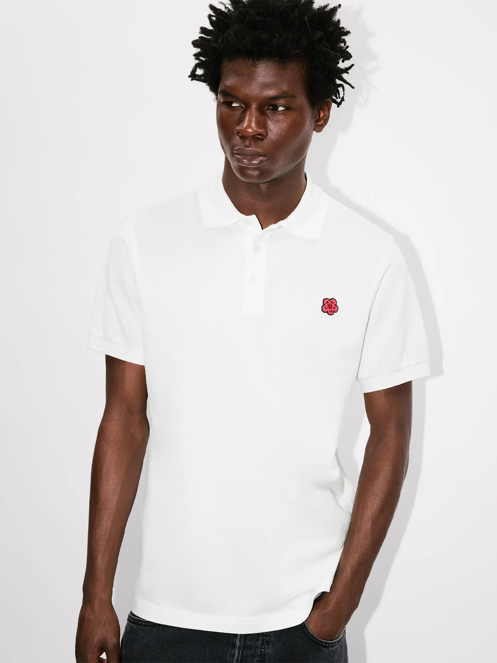 Gots Boke Flower Embroidered Slim Polo Off White