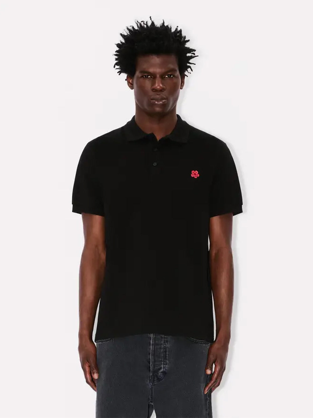 Gots Boke Flower Embroidered Slim Polo  Black