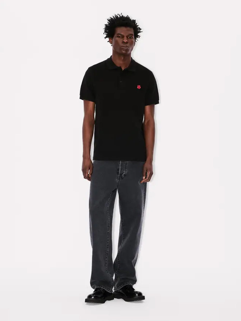 Gots Boke Flower Embroidered Slim Polo  Black