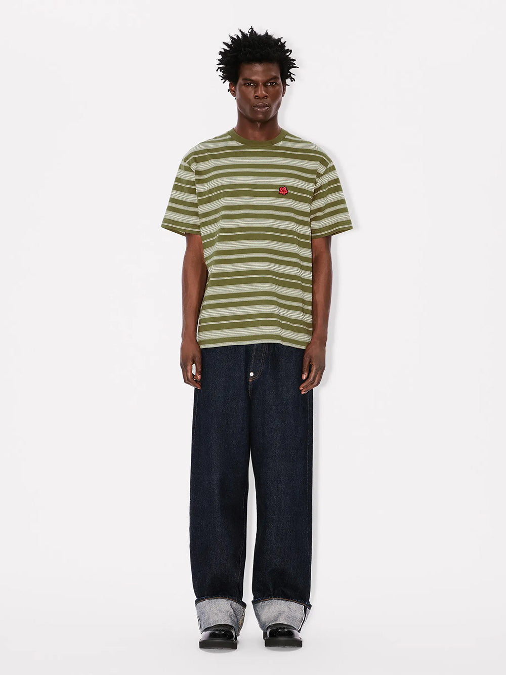 Gots Boke Flower Striped Embroidered Classic T-Shi Khaki