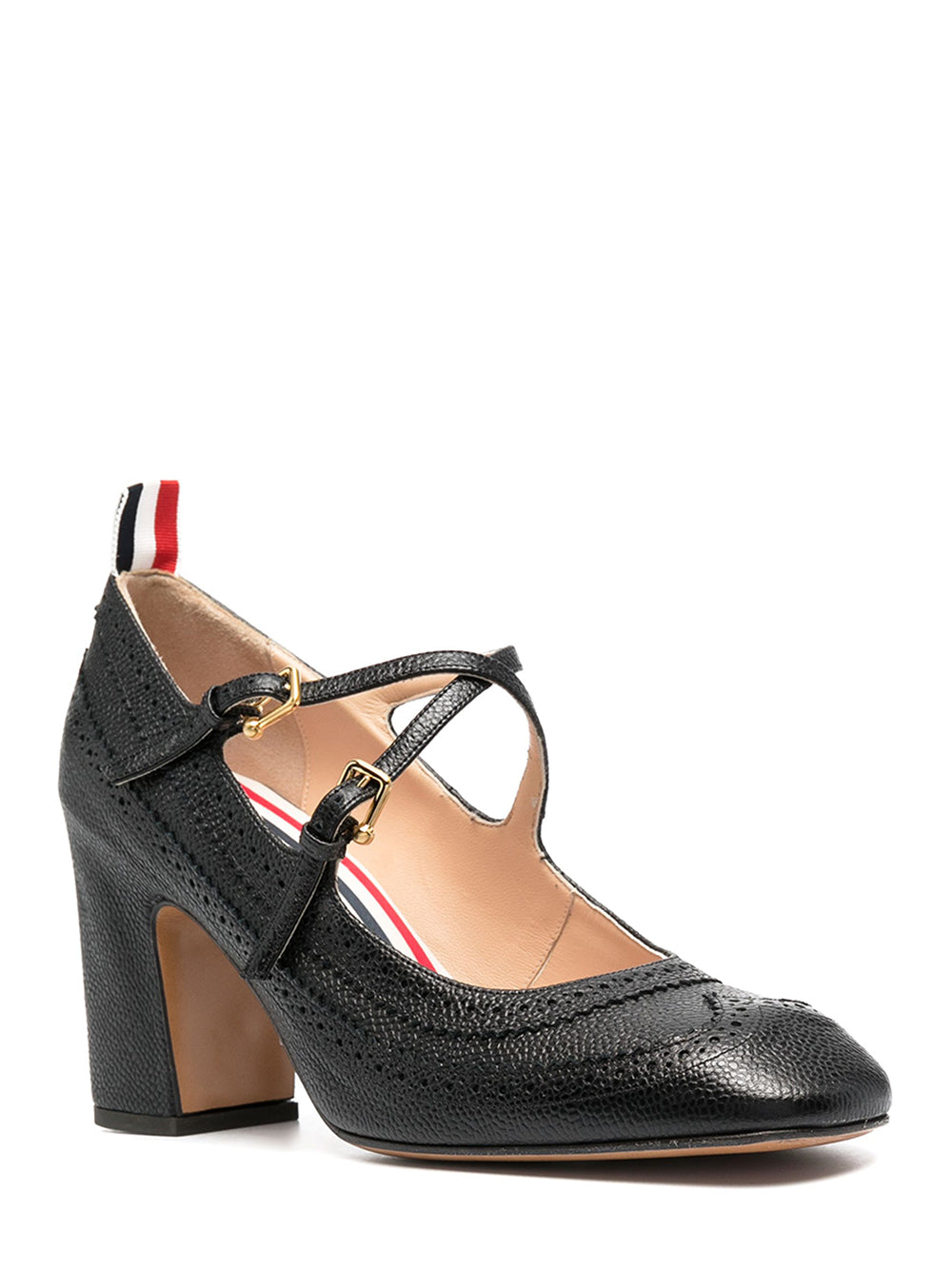 Pebble Grain Leather Brogued Block Heel Criss Cross Mary Jane (Black)