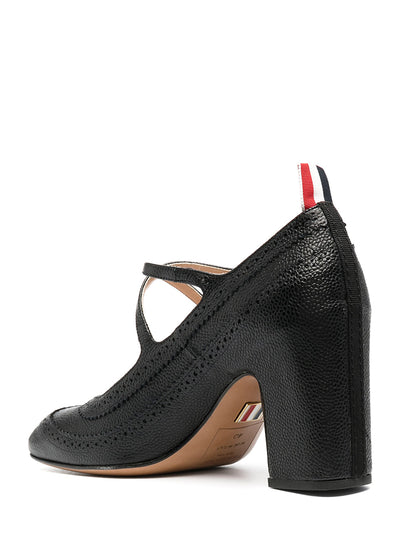 Pebble Grain Leather Brogued Block Heel Criss Cross Mary Jane (Black)