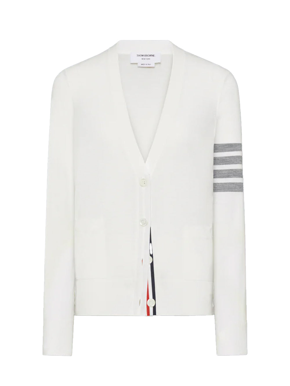 Merino Wool 4-Bar Relaxed Fit V-Neck Cardigan White