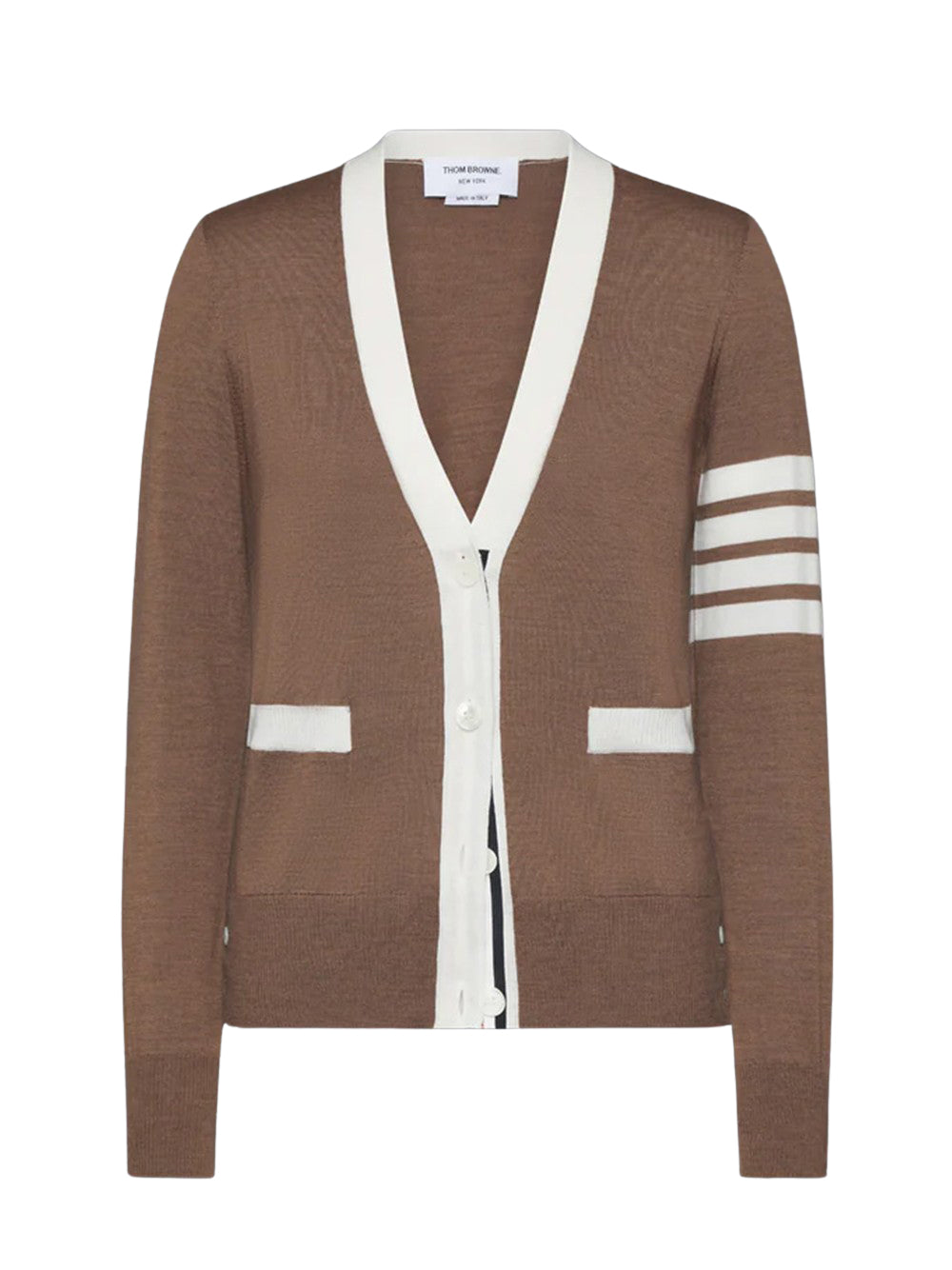 Fine Merino Wool 4-Bar V Neck Cardigan Walnut