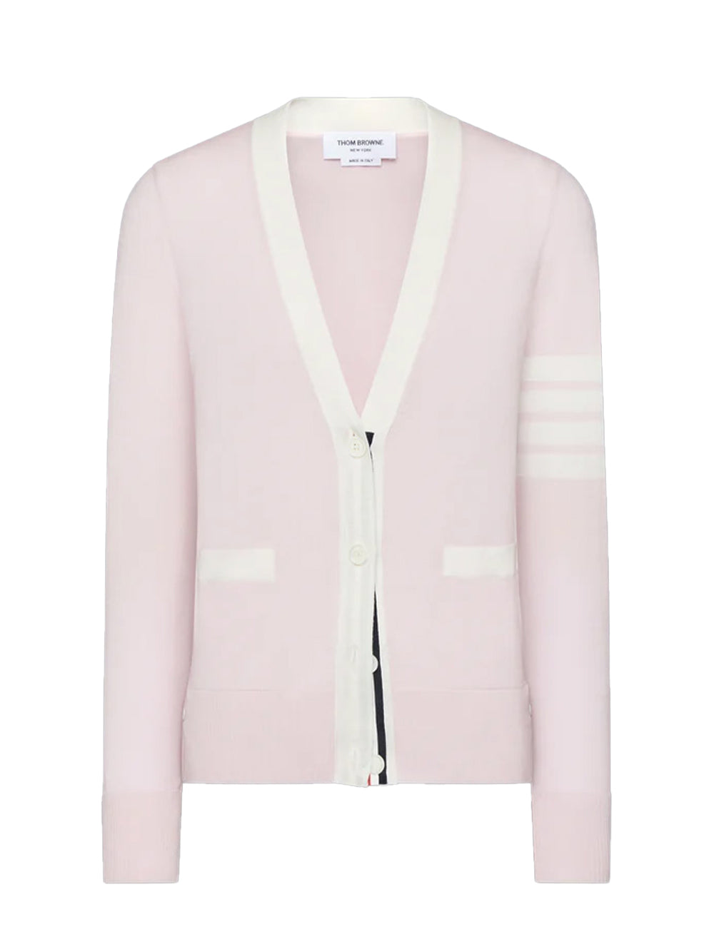 Fine Merino Wool 4-Bar Relaxed Fit V Neck Cardigan Light Pink