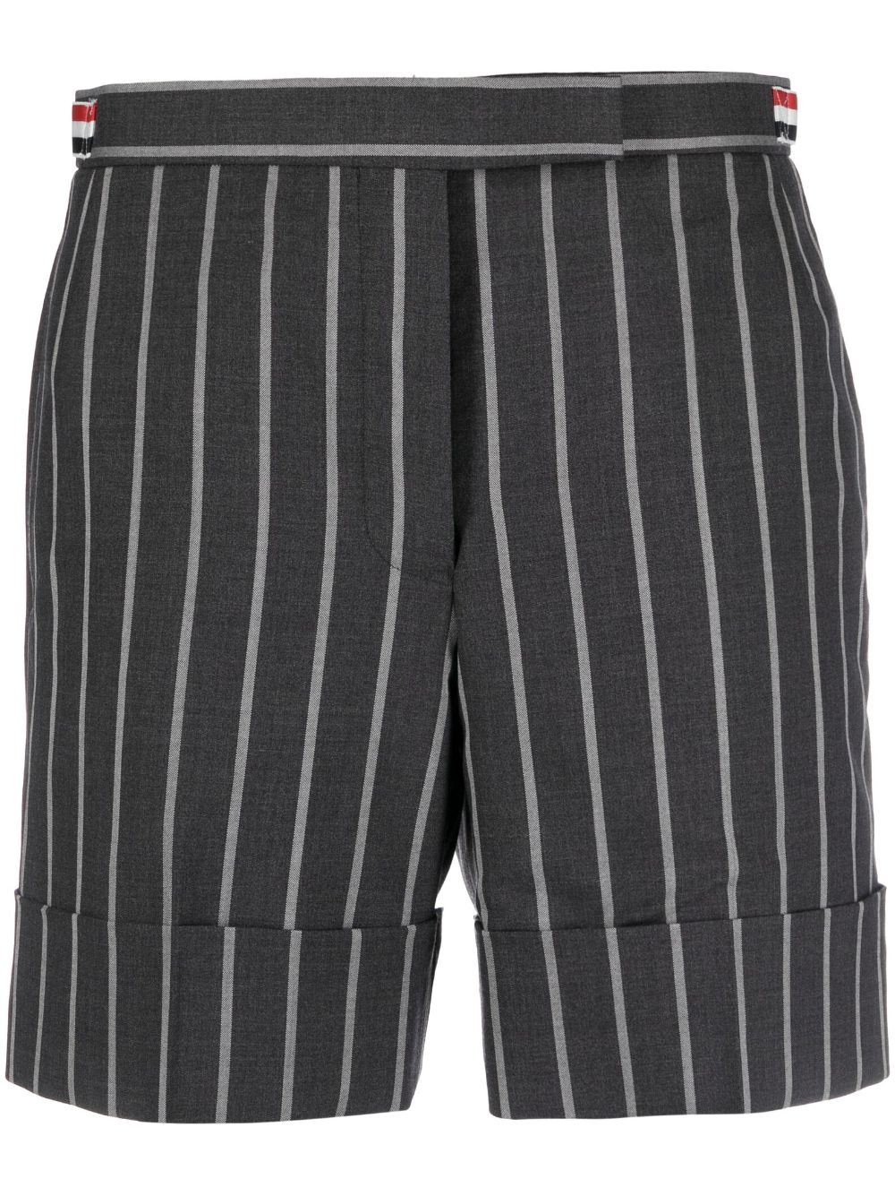 Straight Leg Side Tab Short In Bold Stripe Wool Suiting Dark Grey