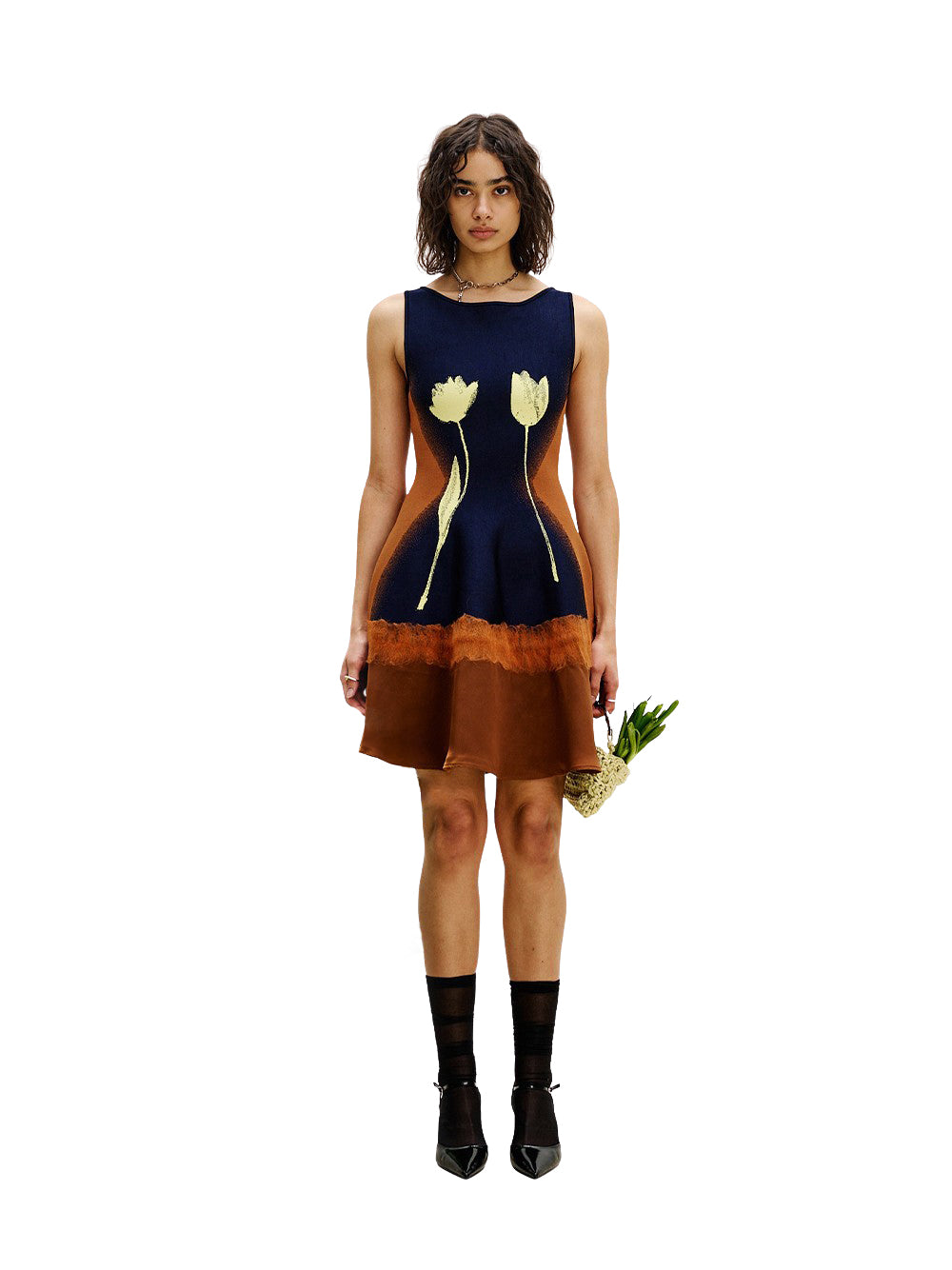 Senna Needle Punch Mini Dress Brown & Navy