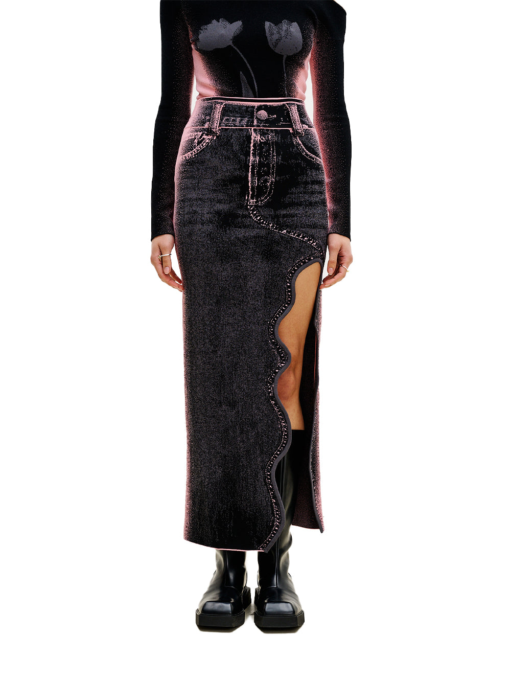 Lily Wavy Midi Denim Skirt Pink Buff