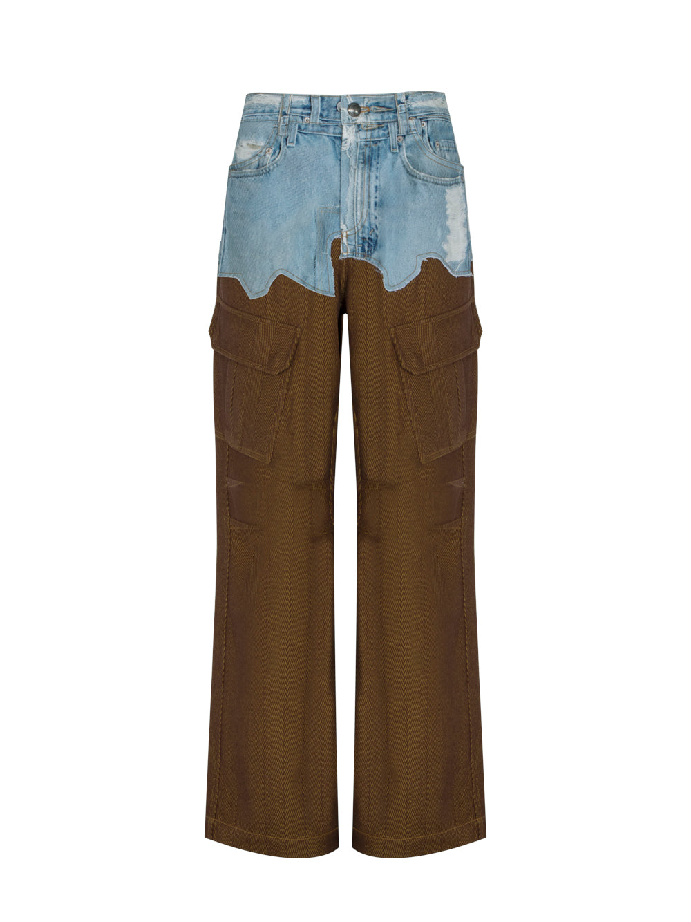Faux-Denim and Scratch Leather Printed Cargo-Pants (Denim/Brown)
