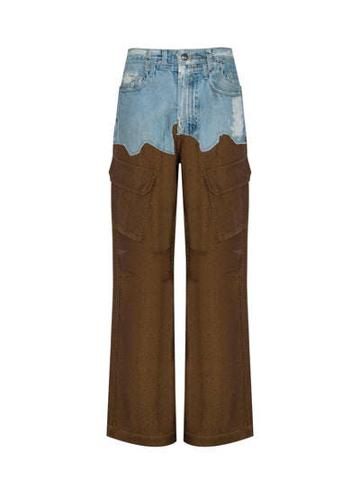 Faux-Denim and Scratch Leather Printed Cargo-Pants (Denim/Brown)