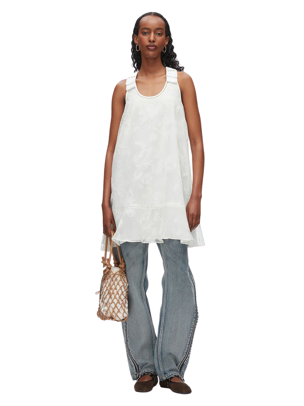 Flocked Organza Trapeze Dress (White)