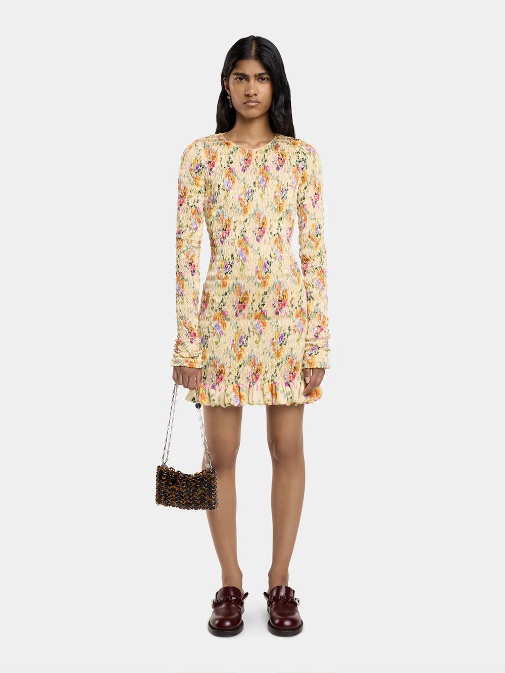 Floral Short Satin Dress (Camomille/Orange/Pink)
